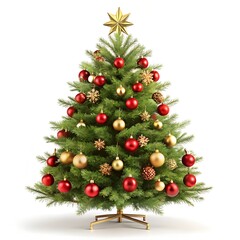Elegant Christmas Tree with Red and Gold Ornaments on Pure White Background – 16K Studio Photo