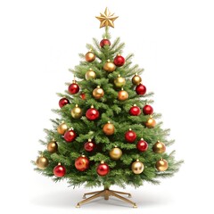 Elegant Christmas Tree with Red and Gold Ornaments on Pure White Background – 16K Studio Photo