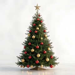 Elegant Christmas Tree with Red and Gold Ornaments on Pure White Background – 16K Studio Photo