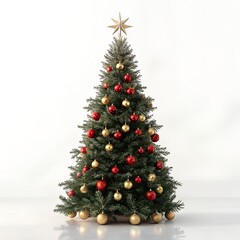Elegant Christmas Tree with Red and Gold Ornaments on Pure White Background – 16K Studio Photo