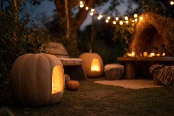 Obraz premium Cozy pumpkin seating area illuminated by warm fairy lights, perf