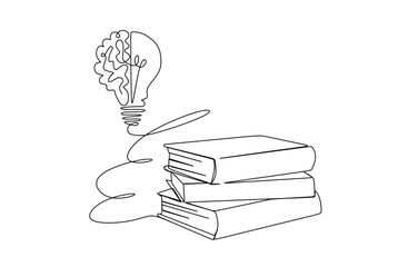 One single line drawing of shining light bulb with human brain above open text book logo identity.
