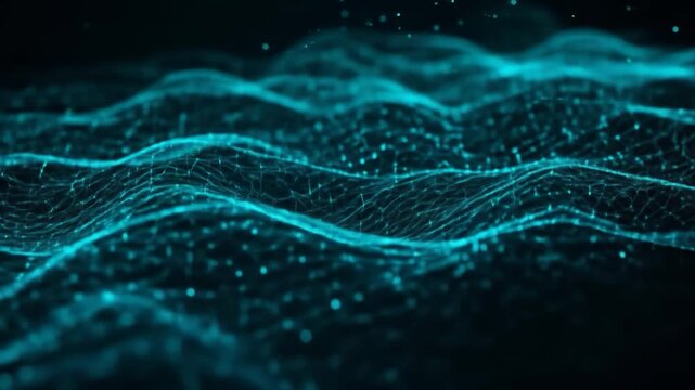 Abstract digital network with glowing particles and flowing waves