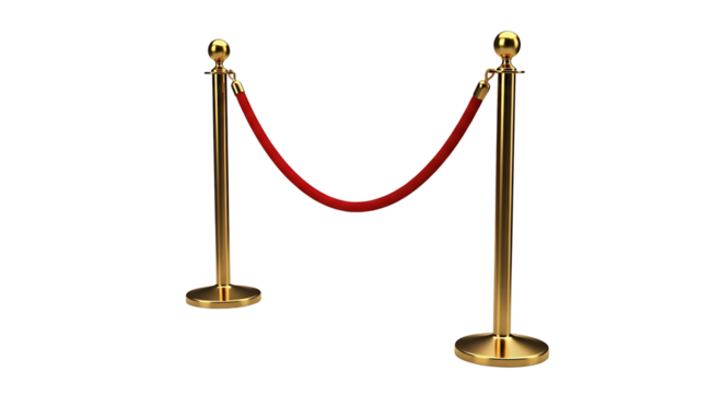 Elegant gold stanchions with red velvet rope for crowd control isolated on transparent background