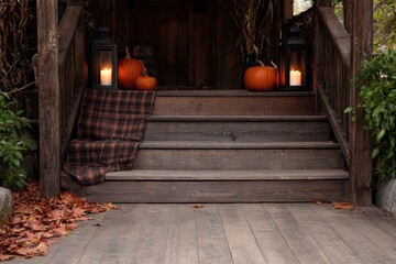 Obraz premium Warm wooden steps adorned with pumpkins and lanterns create invi