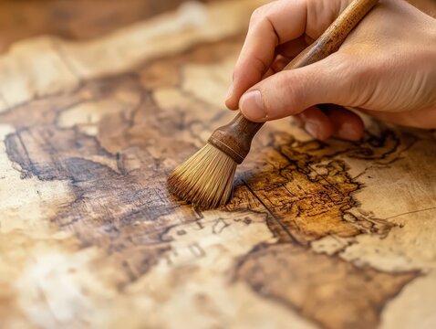 Hand using a brush on an old map with intricate details and aged texture for restoration or antiquing
