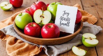 Fresh red and green apples in a wooden bowl with a motivational message