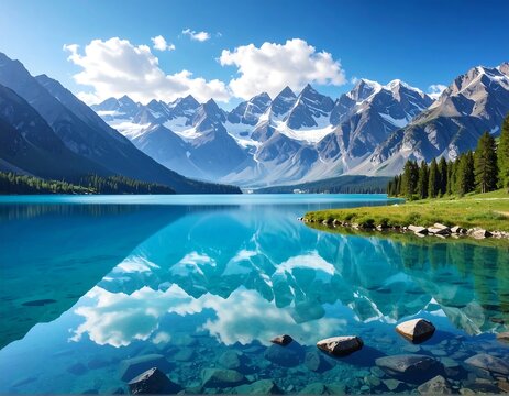 Azure lake reflects snow-capped mountains beneath a partly cloudy, vibrant blue sky