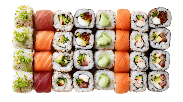Assortment of sushi rolls isolated on transparent background