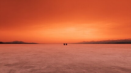Vibrant sunset over frozen landscape creates serene winter atmosphere with silhouettes
