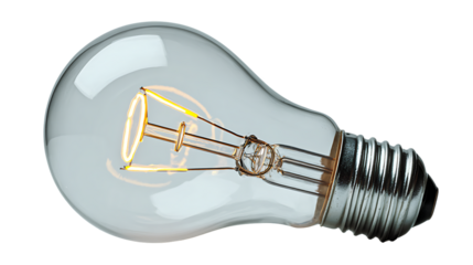 Clear incandescent light bulb with glowing filament isolated on transparent background