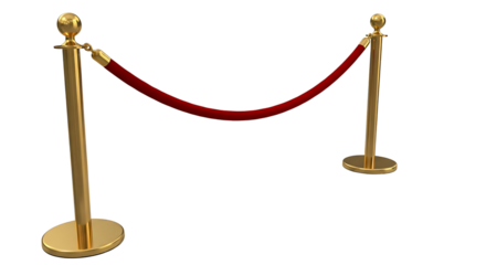 Elegant golden stanchions with red velvet rope barrier isolated on transparent background