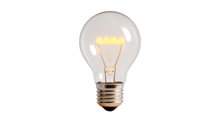 A single incandescent light bulb with a lit filament isolated on transparent background