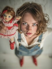 Intense portrait of a young woman holding a vintage doll, blending innocence and eeriness. Moody artistic photography capturing emotion, nostalgia, and storytelling through expressive eyes and soft fo