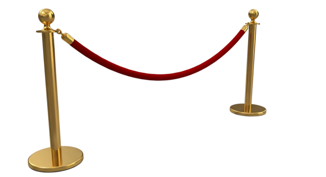 Elegant golden stanchions with red velvet rope barrier isolated on transparent background