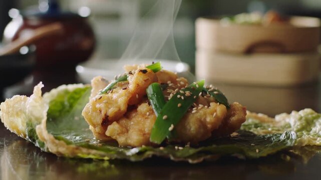 Steam rises as lotus leaf wraps unwrap pandan coconut fried chicken, releasing fragrant green aroma mist, sesame and herbs glistening on top, moment of unveiling freshness.