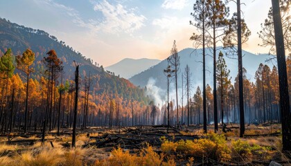 Wildfire aftermath landscape with burnt trees smoky haze and distant mountains during a warm sunset casting golden light.