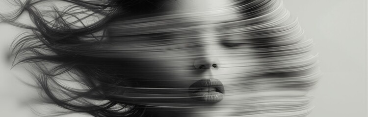 Abstract portrait of a woman in motion blur, symbolizing emotion, mystery, and movement. Monochrome fine art photography blending surreal beauty and dynamic energy with soft light and texture.