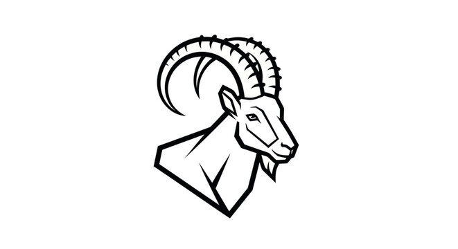 A stylized black and white illustration of a goat's head and upper body against a white background