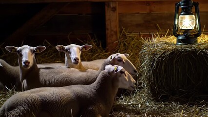 Sheep Resting in Straw Lit by Lantern in Dark Barn - Powered by Adobe
