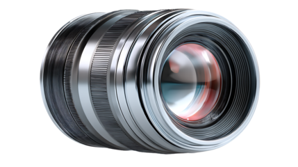 Closeup of a professional camera lens, isolated on transparent background