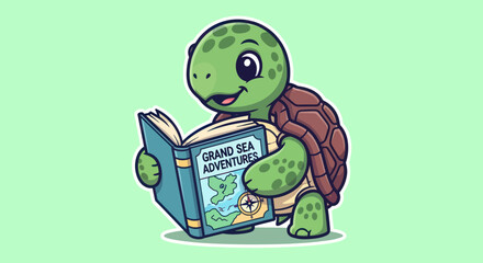 Cartoon turtle reads a book d "Grand Sea Adventures" with a map, on green background