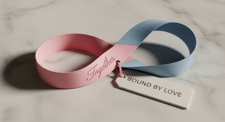 A pink and blue ribbon forming an infinity symbol with branding