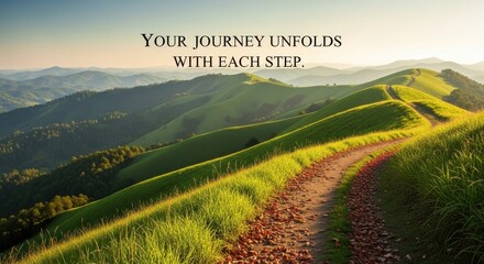A scenic path winding through green hills with inspiring message