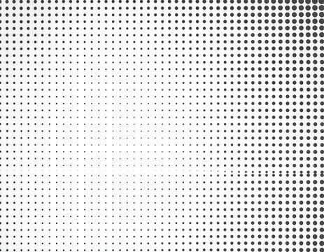 Black halftone dots transition from sparse to dense, on white background, creating an abstract gradient