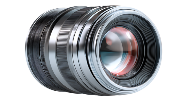 Closeup of a professional camera lens, isolated on transparent background