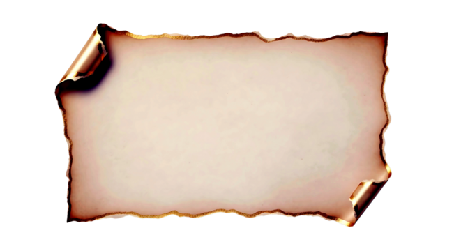 A square piece of aged parchment paper with burnt edges and a curled corner isolated on transparent background