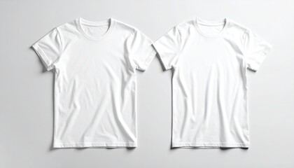 Two Plain White T Shirts Displayed Front and Back Views in a Clean Studio Shot on a Light Gray Background Showcasing Subtle Texture and Minimalist Aesthetic