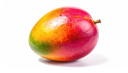 A Ripe Mango with Vibrant Red Yellow and Green Hues Isolated on a Clean White Background Showing its Smooth Skin and Realistic Texture