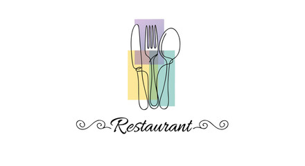 A Continuous One Line Drawing of a Fork, Knife and Spoon Set on a White Background, Restaurant Concept