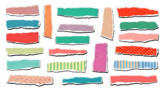 Collection of colorful torn paper strips with various patterns isolated on transparent background