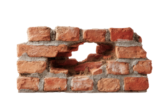 Bricks missing from wall section, isolated, dark background