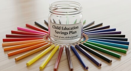Clear Jar Labeled Child Education Savings Plan with Colorful Pencils Arranged