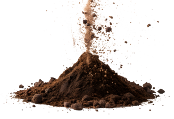 Brown humus soil pile explosion isolated on white or transparent background
