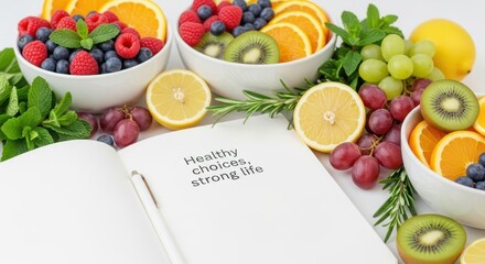 Fresh fruit and healthy food in bowls next to a notebook with text