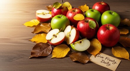 Fresh Apples and Autumn Leaves Displayed on Wooden Surface