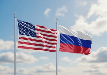 Obraz premium American and russian flags waving in the sky