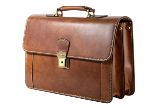Brown leather briefcase isolated on white or transparent background