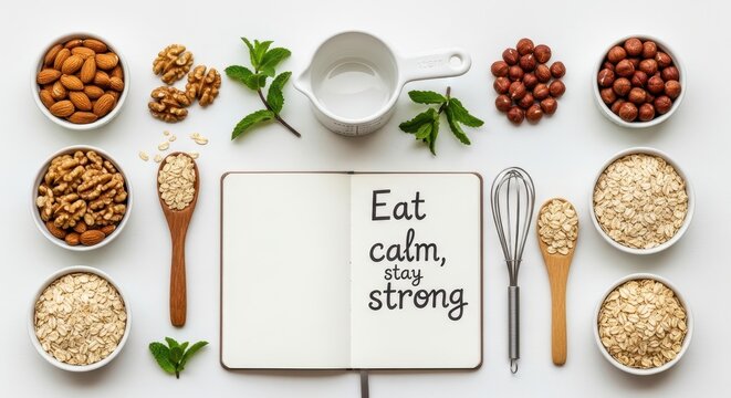 Healthy food ingredients arranged with a notebook and inspirational message