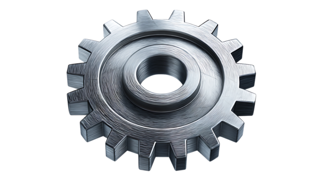 Closeup of a single metal gear isolated on transparent background