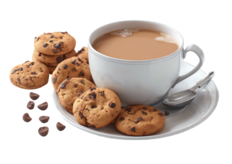 Tea & chocolate chip cookies on a white saucer, cozy scene