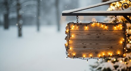 A blank rustic wooden sign decorated with glowing Christmas lights in a snowy winter landscape. Holiday background with copy space for text
