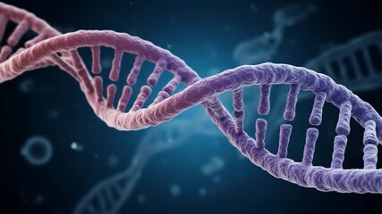 A detailed 3D render of a double helix DNA strand in pink and purple against a dark blue, blurred background - Powered by Adobe
