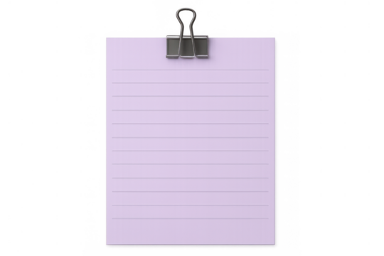Lined pink paper note held by a binder clip for reminders, messages, or office tasks on transparent background