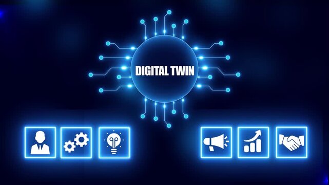Digital Twin Concept with Icons and Circuit Board Design on Dark Blue Background technology simulation