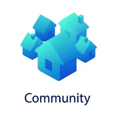 Abstract isometric illustration of interconnected blue houses forming a cohesive community or neighborhood concept